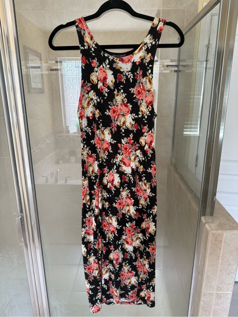 American Dream-Floral Tank Maxi Dress in Black and Rose- Size Medium